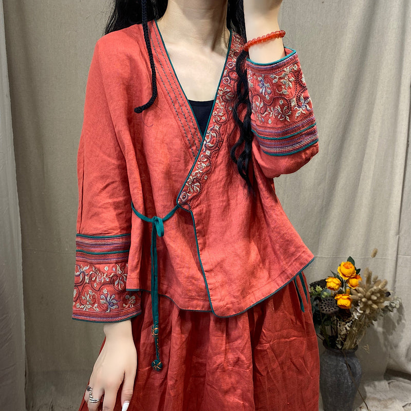 Ethnic Linen Embroidery Long Sleeved Cardigan