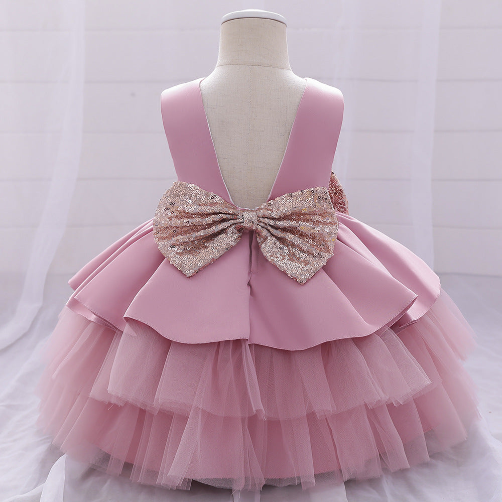 Cute Girls Sequined Bow Puffy Princess Dress