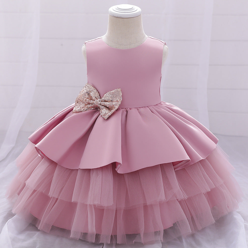 Cute Girls Sequined Bow Puffy Princess Dress