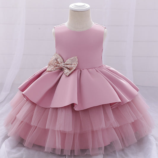 Cute Girls Sequined Bow Puffy Princess Dress