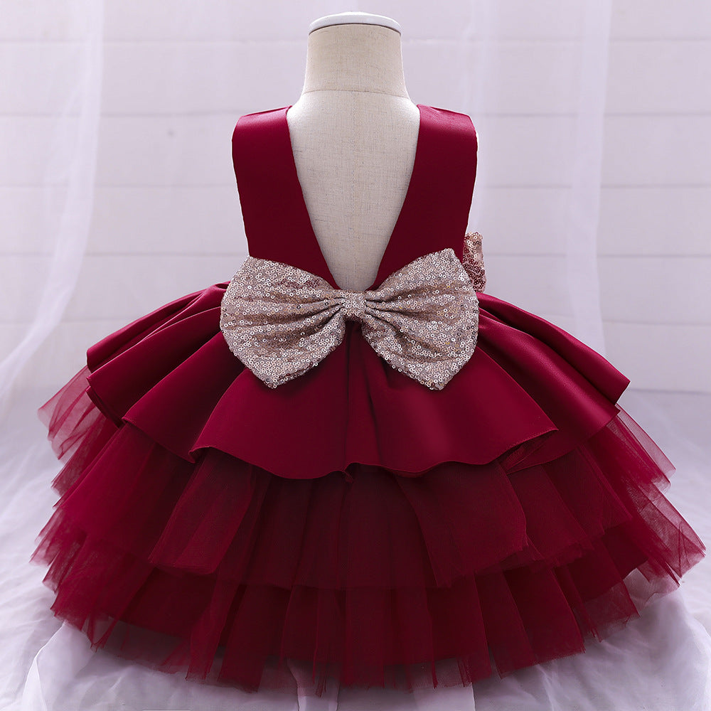 Cute Girls Sequined Bow Puffy Princess Dress