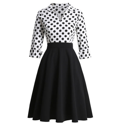 Retro Polka Dot Lapel Long Sleeve High Waist Dress