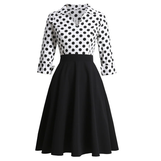 Retro Polka Dot Lapel Long Sleeve High Waist Dress