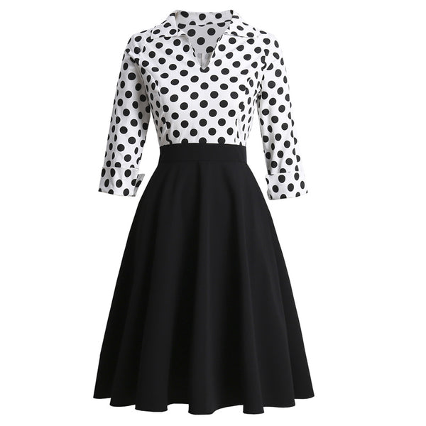 Retro Polka Dot Lapel Long Sleeve High Waist Dress