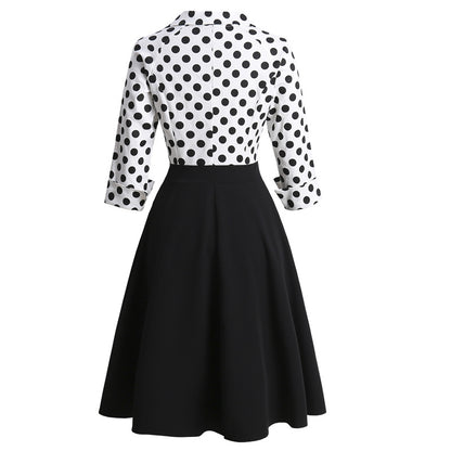 Retro Polka Dot Lapel Long Sleeve High Waist Dress