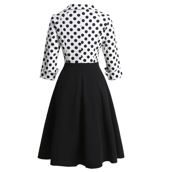 Retro Polka Dot Lapel Long Sleeve High Waist Dress