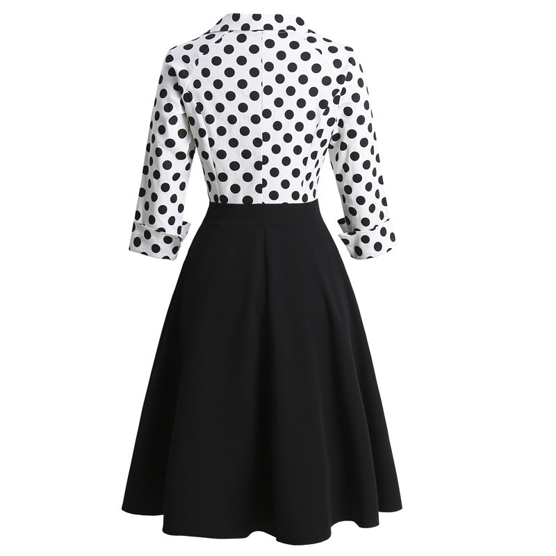 Retro Polka Dot Lapel Long Sleeve High Waist Dress