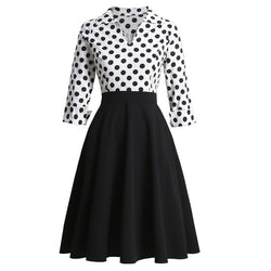 Retro Polka Dot Lapel Long Sleeve High Waist Dress