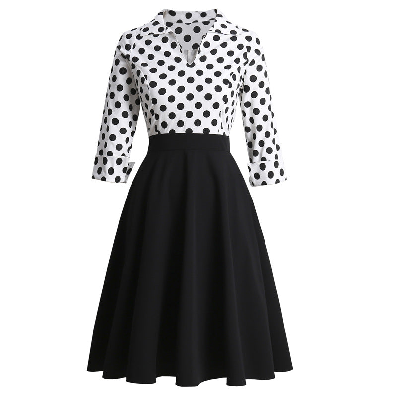 Retro Polka Dot Lapel Long Sleeve High Waist Dress