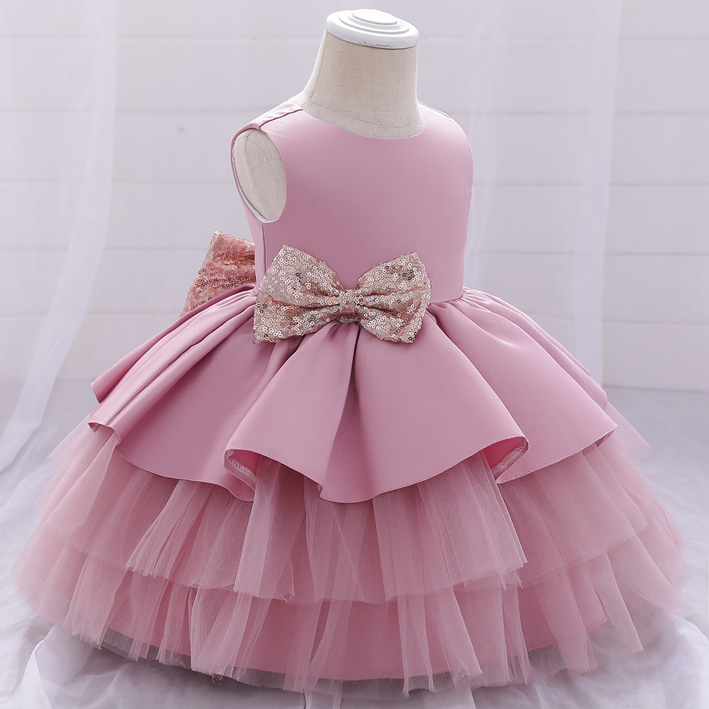 Cute Girls Sequined Bow Puffy Princess Dress