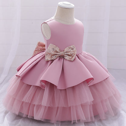 Cute Girls Sequined Bow Puffy Princess Dress