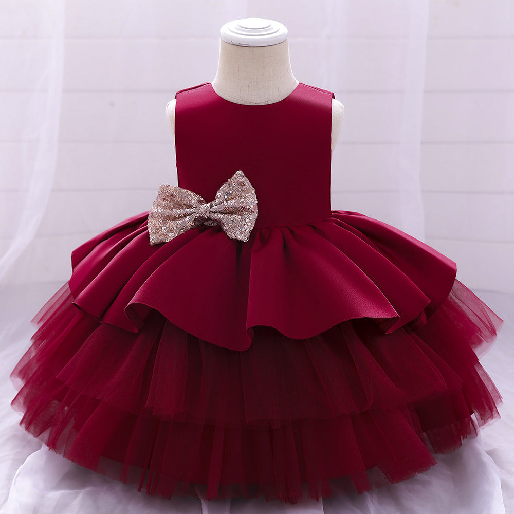 Cute Girls Sequined Bow Puffy Princess Dress