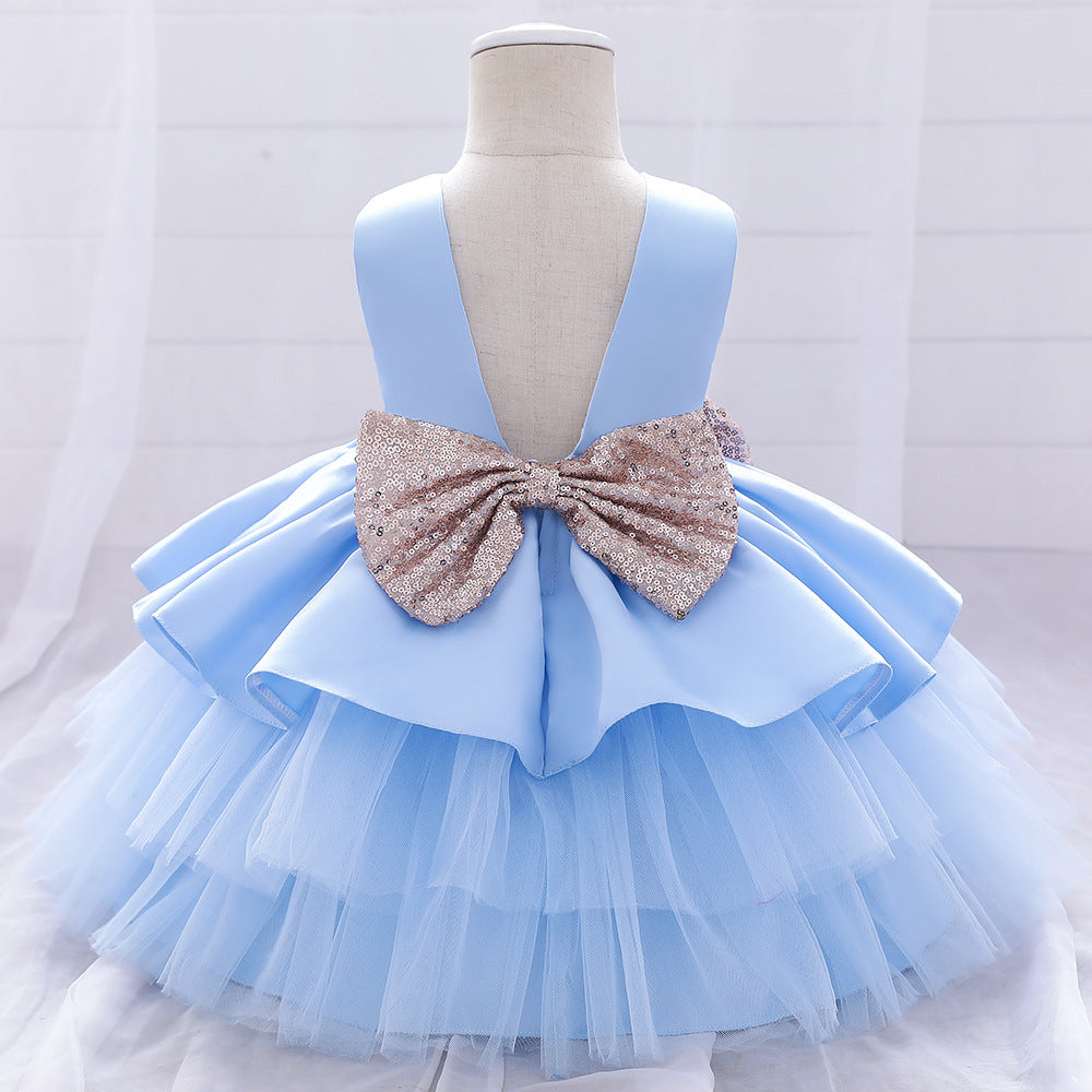 Cute Girls Sequined Bow Puffy Princess Dress