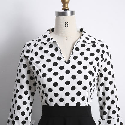 Retro Polka Dot Lapel Long Sleeve High Waist Dress