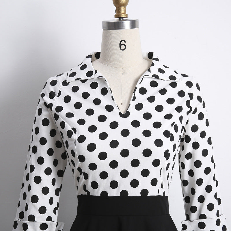 Retro Polka Dot Lapel Long Sleeve High Waist Dress