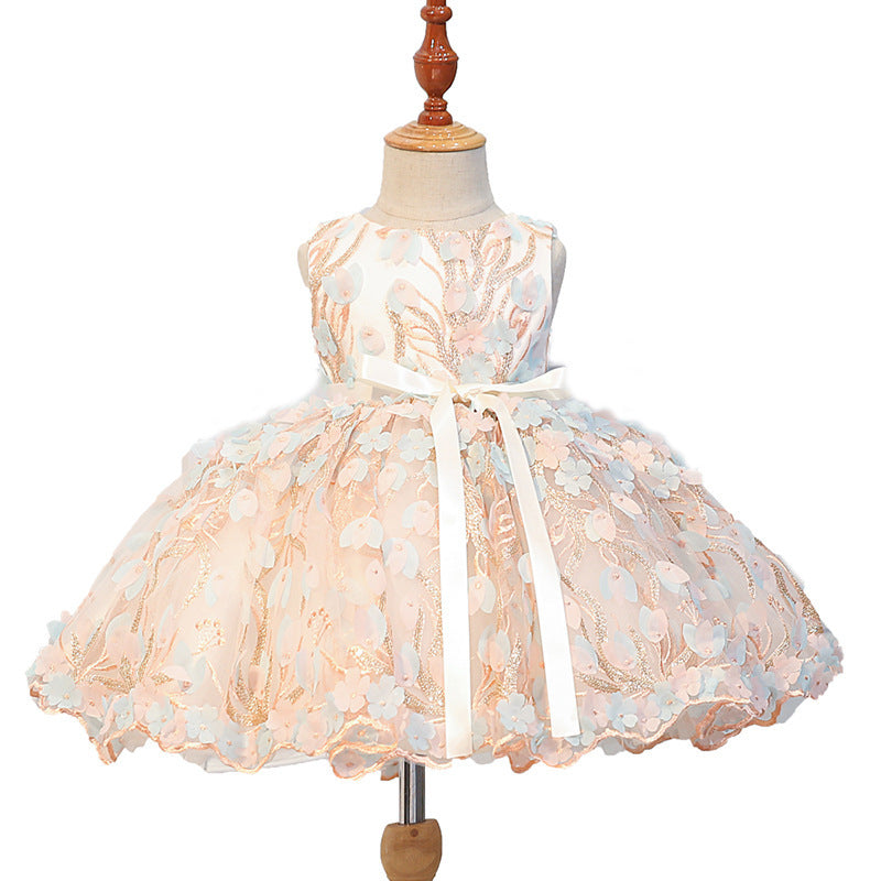 Elegant Girls Embroidered Flowers Birthday Dress