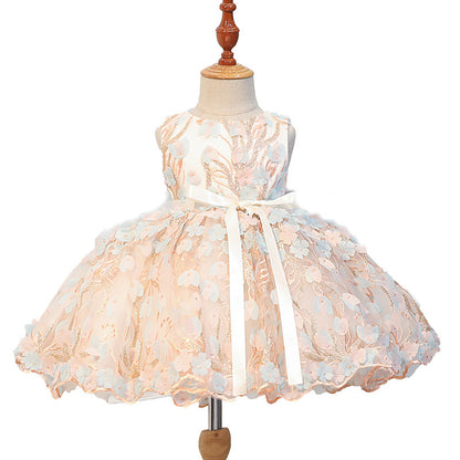 Elegant Girls Embroidered Flowers Birthday Dress