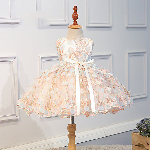 Elegant Girls Embroidered Flowers Birthday Dress
