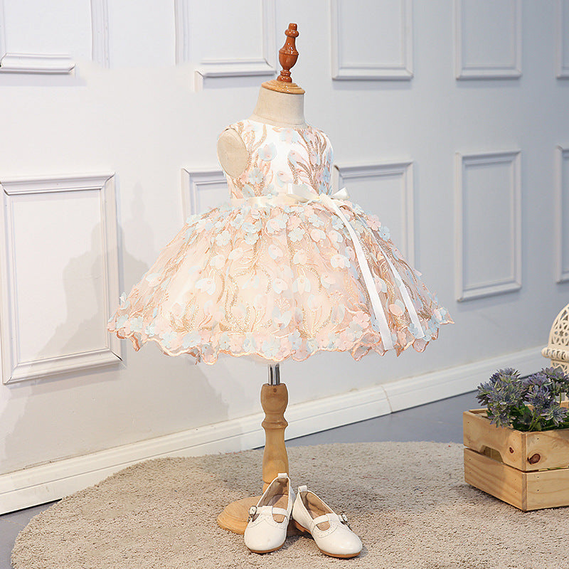 Elegant Girls Embroidered Flowers Birthday Dress