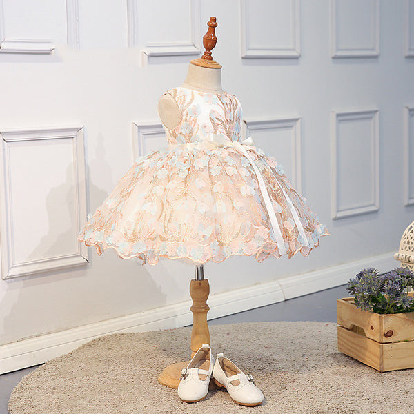 Elegant Girls Embroidered Flowers Birthday Dress