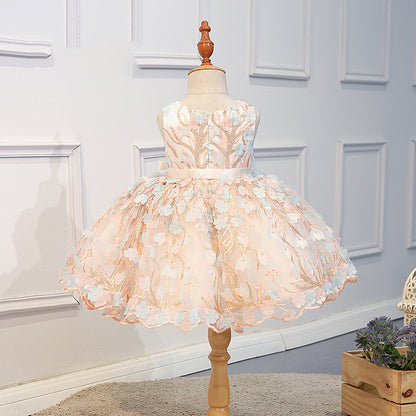 Elegant Girls Embroidered Flowers Birthday Dress