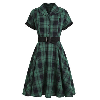 1950s Plaid Lapel Large Swing Dress
