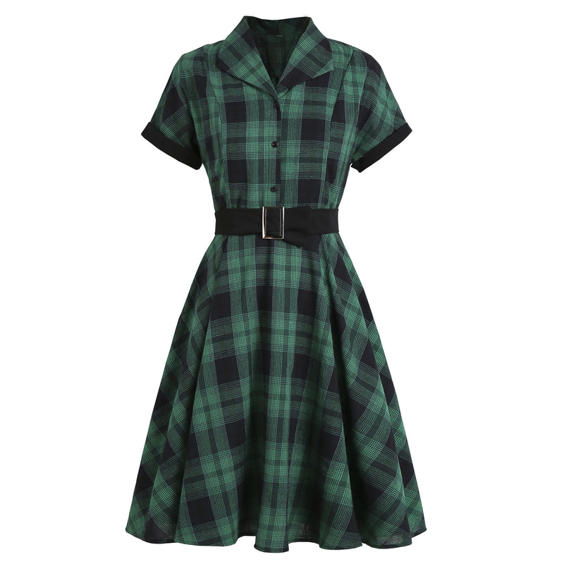 1950s Plaid Lapel Large Swing Dress