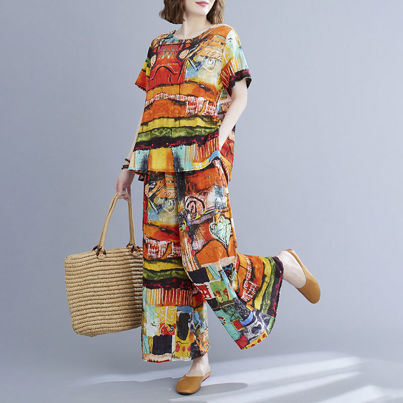 Summer Retro Short-sleeved Top + Wide-leg Pants Two-piece Suit