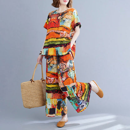 Summer Retro Short-sleeved Top + Wide-leg Pants Two-piece Suit