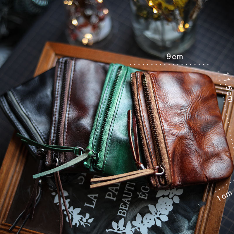 Leather Retro Handmade Zipper Card Coin Wallet