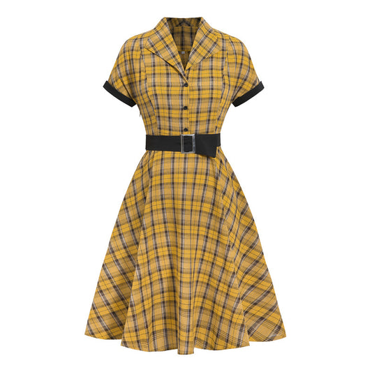 1950s Plaid Lapel Large Swing Dress
