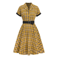 1950s Plaid Lapel Large Swing Dress