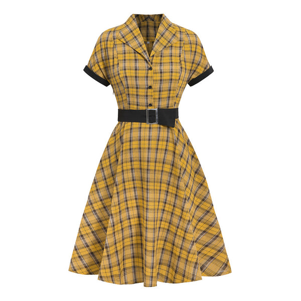 1950s Plaid Lapel Large Swing Dress