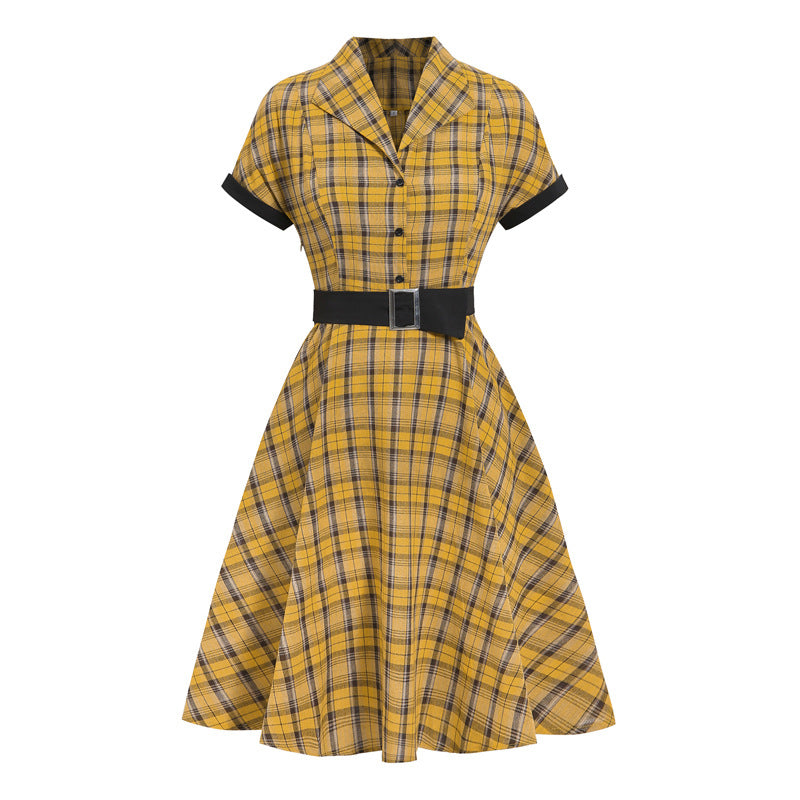 1950s Plaid Lapel Large Swing Dress