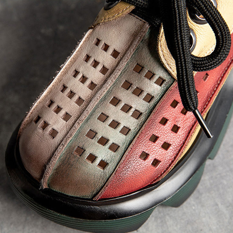 Retro Multicolor Hollow Genuine Leather Platform Sandals