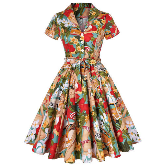 1950s Retro Lapel Flower Print Dress