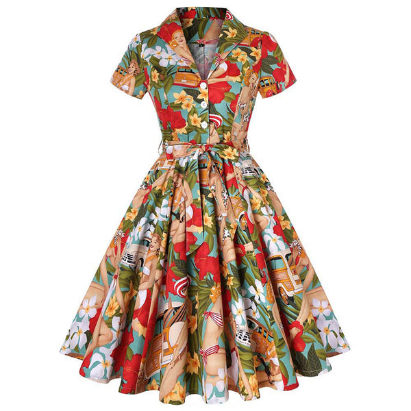 1950s Retro Lapel Flower Print Dress