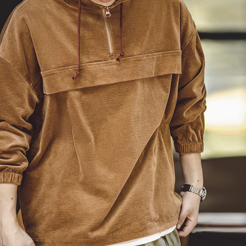 Corduroy Stand-up Collar Zipper Hoodie