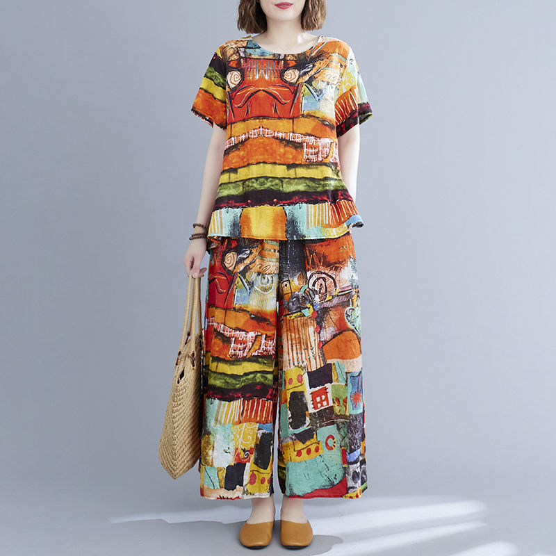 Summer Retro Short-sleeved Top + Wide-leg Pants Two-piece Suit