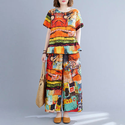 Summer Retro Short-sleeved Top + Wide-leg Pants Two-piece Suit