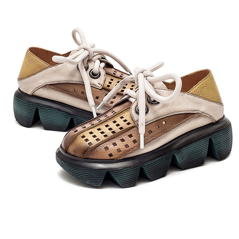 Retro Multicolor Hollow Genuine Leather Platform Sandals