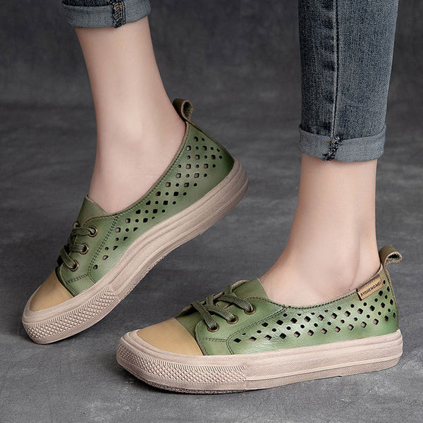Leather Hollow Square Head Casual Shoes