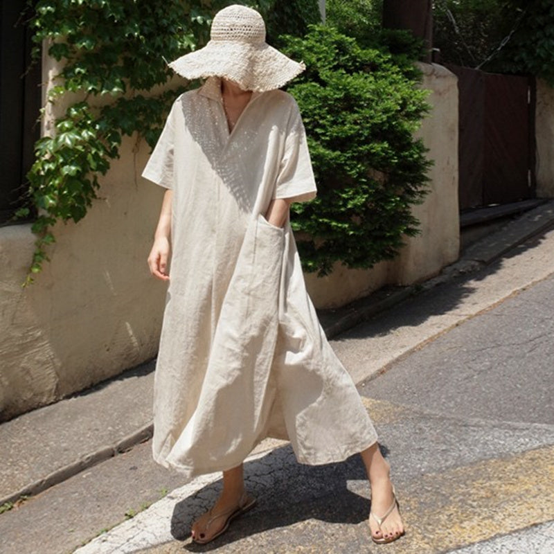 Short Sleeve Cotton Llinen Dress