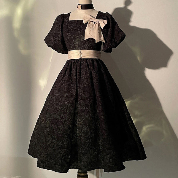 Retro Embossed Puff Sleeve Dress