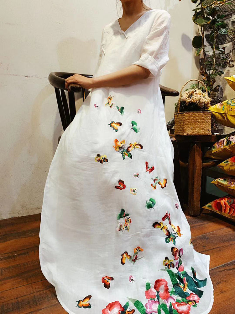 Linen V-neck Embroidered Butterfly Dress