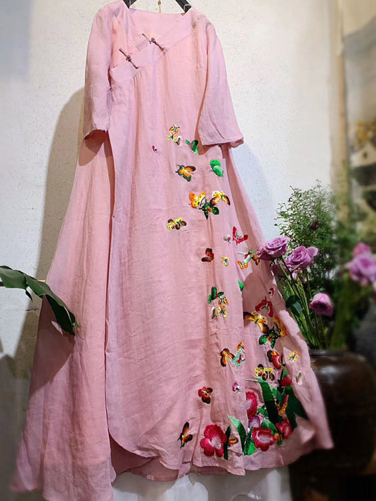 Linen V-neck Embroidered Butterfly Dress