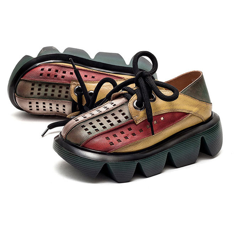 Retro Multicolor Hollow Genuine Leather Platform Sandals