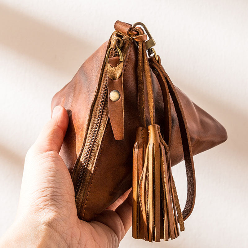 Leather Retro Triangle Cash Wallet Coin Tassel Storage Bag