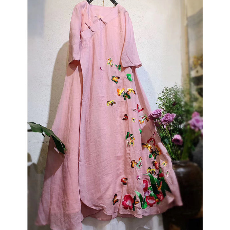 Linen V-neck Embroidered Butterfly Dress
