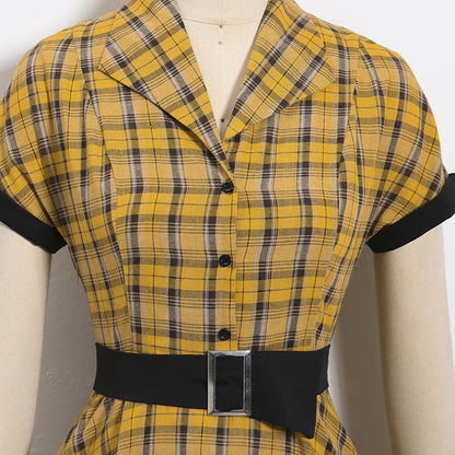 1950s Plaid Lapel Large Swing Dress